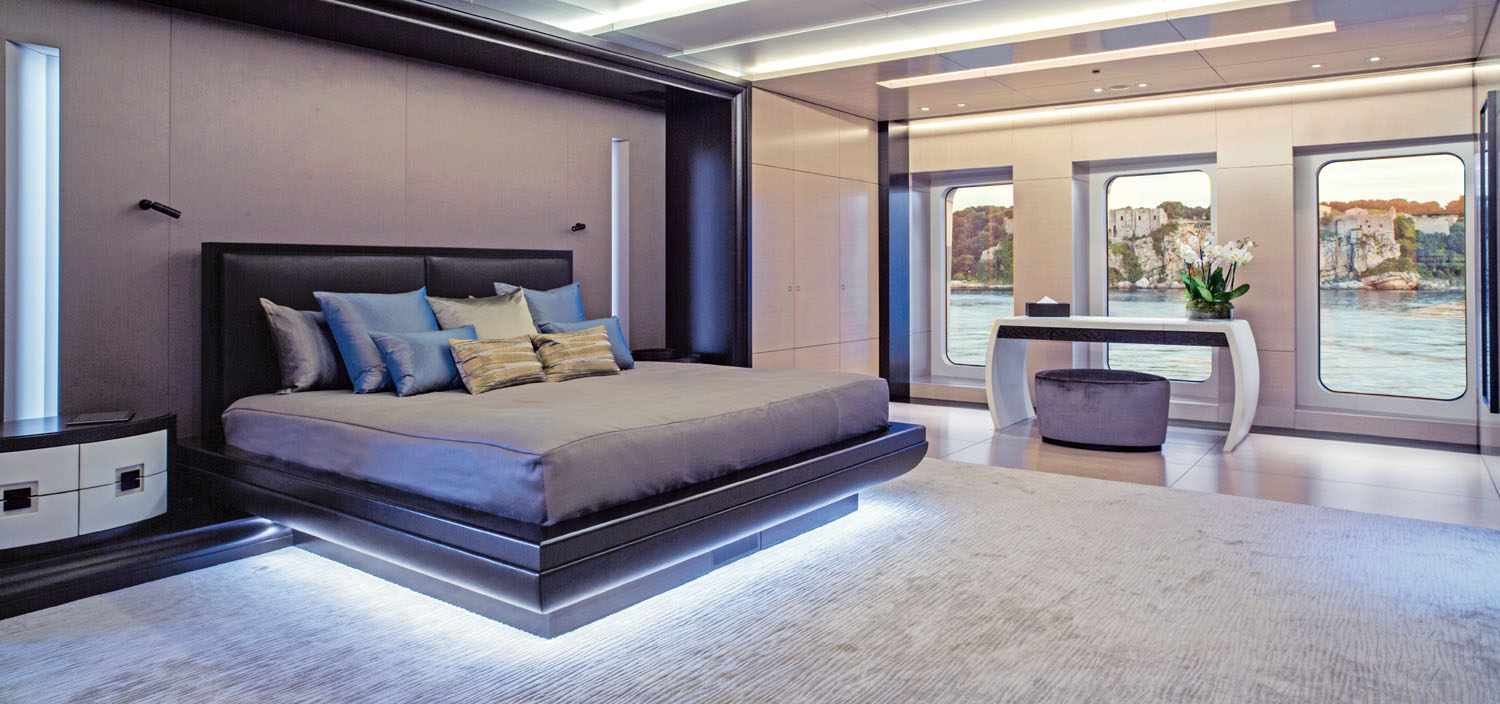 The interior of a luxury yacht designed by Reymond Langton sold by Fraser Yachts